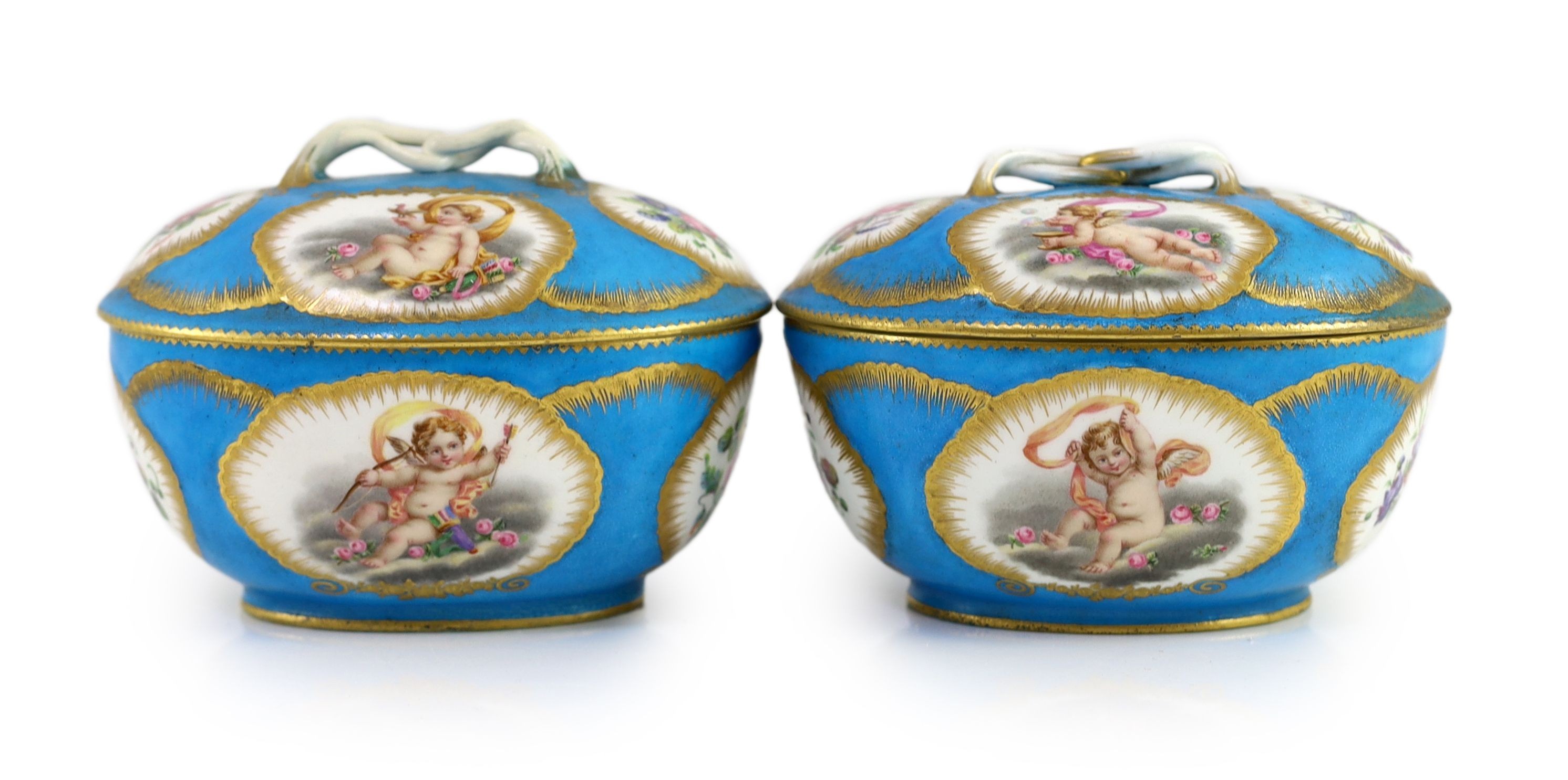 A pair of Sevres bleu celeste ecuelles and covers, c.1757–60, Length 15 cm, one cover restored